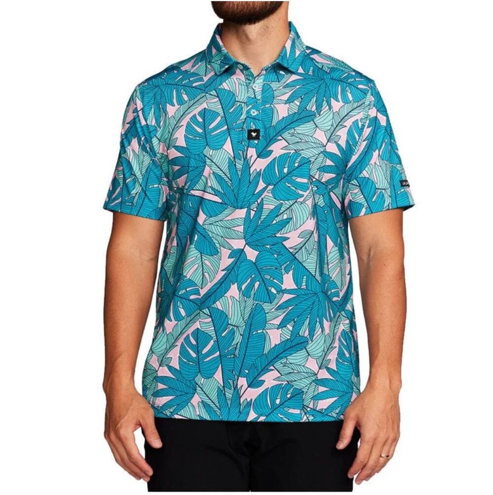 Bad Birdie Shirt Mens Large Green Pink Palmnado Polo Golf Tropical Short Sleeve